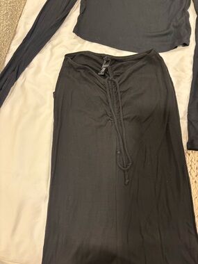 SKIMS Black Ribbed Drawstring Maxi Skirt